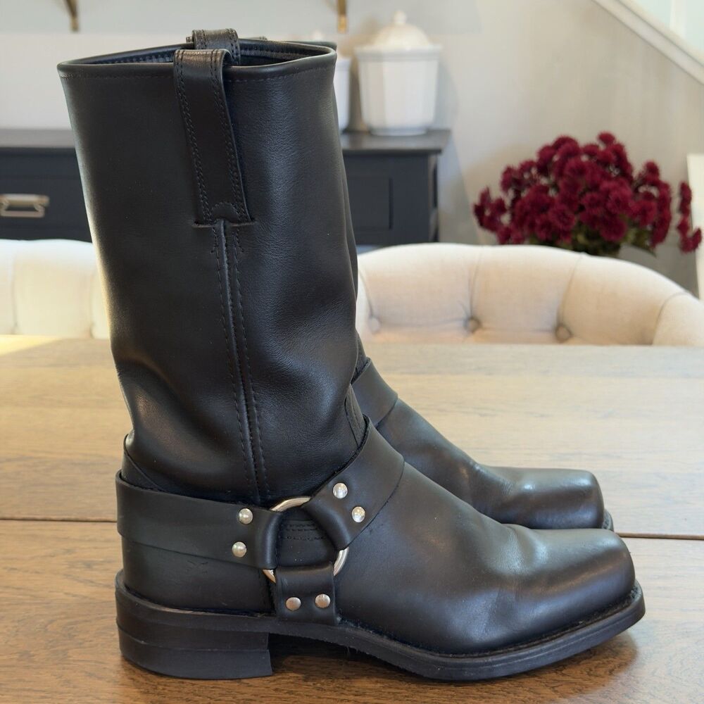 Vtg Frye Harness 12R Black Leather Biker Boots 87350 Mens Sz 10 M Square Toe USA